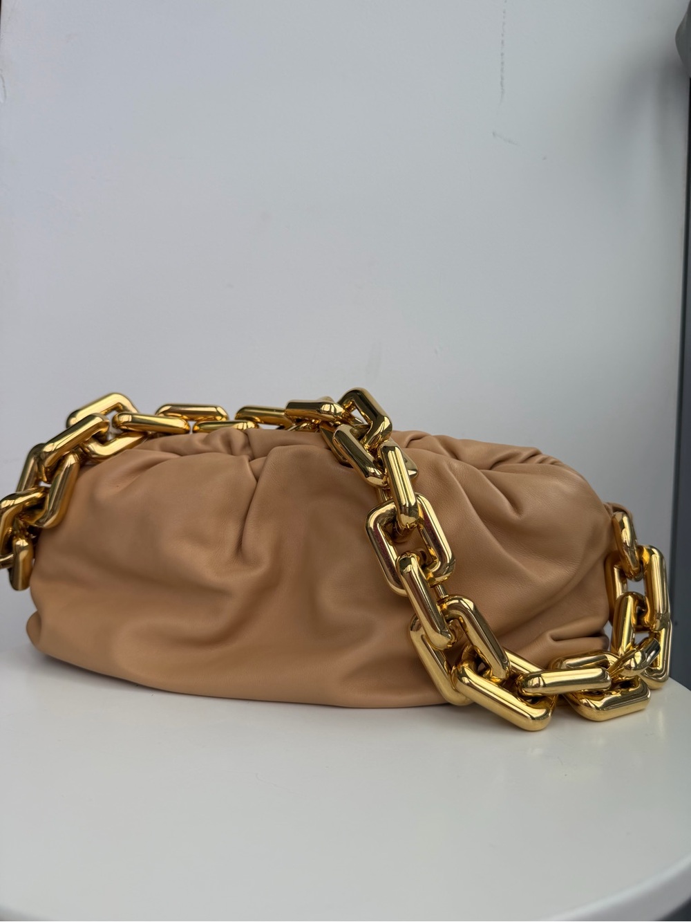 Classic Pouch Shoulder Bag with Gold Chain - Tan